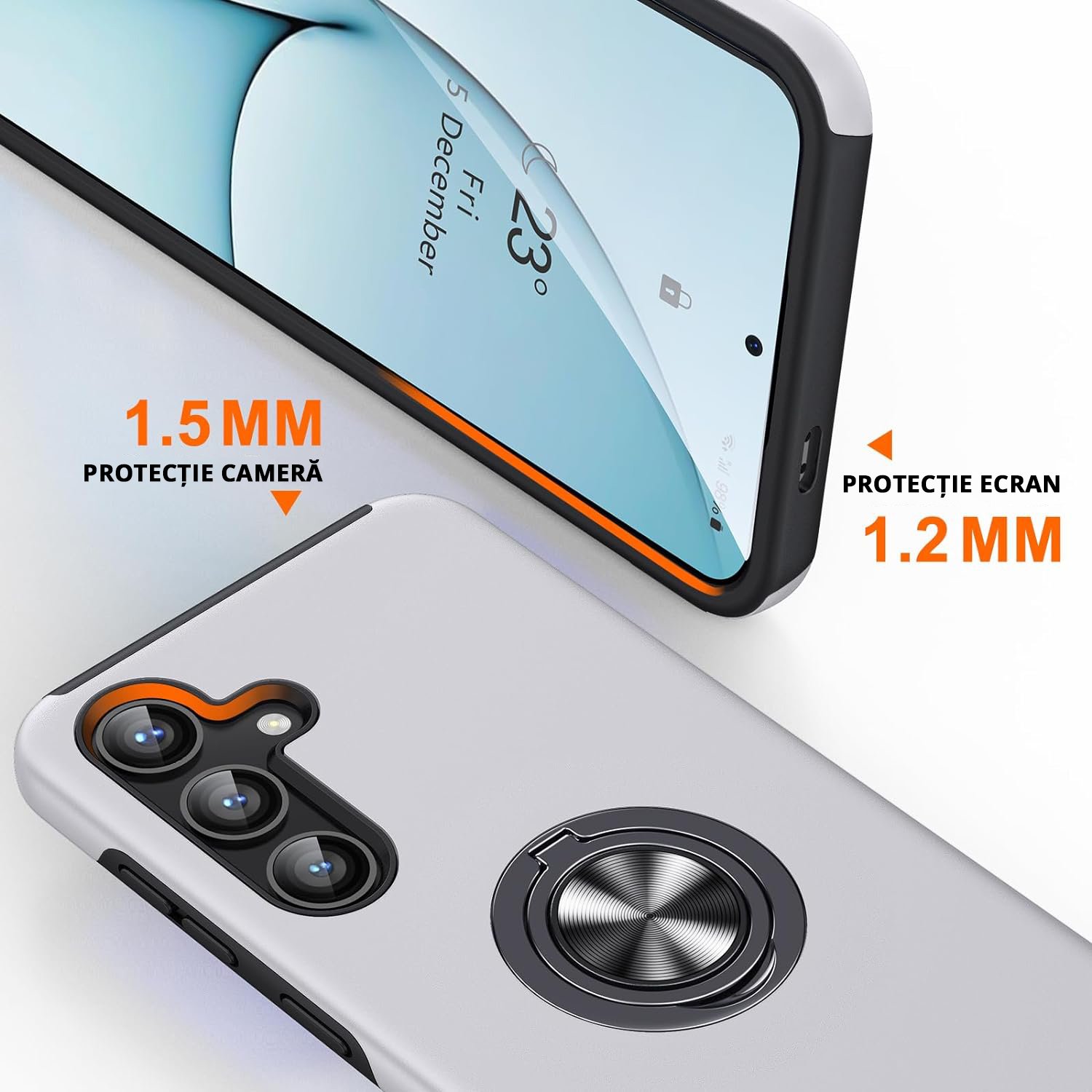 Husa pentru Samsung Galaxy S24, inel rotativ si Kickstand 360°, Protectie Militara Antisoc, cu disipare termica, Silver
