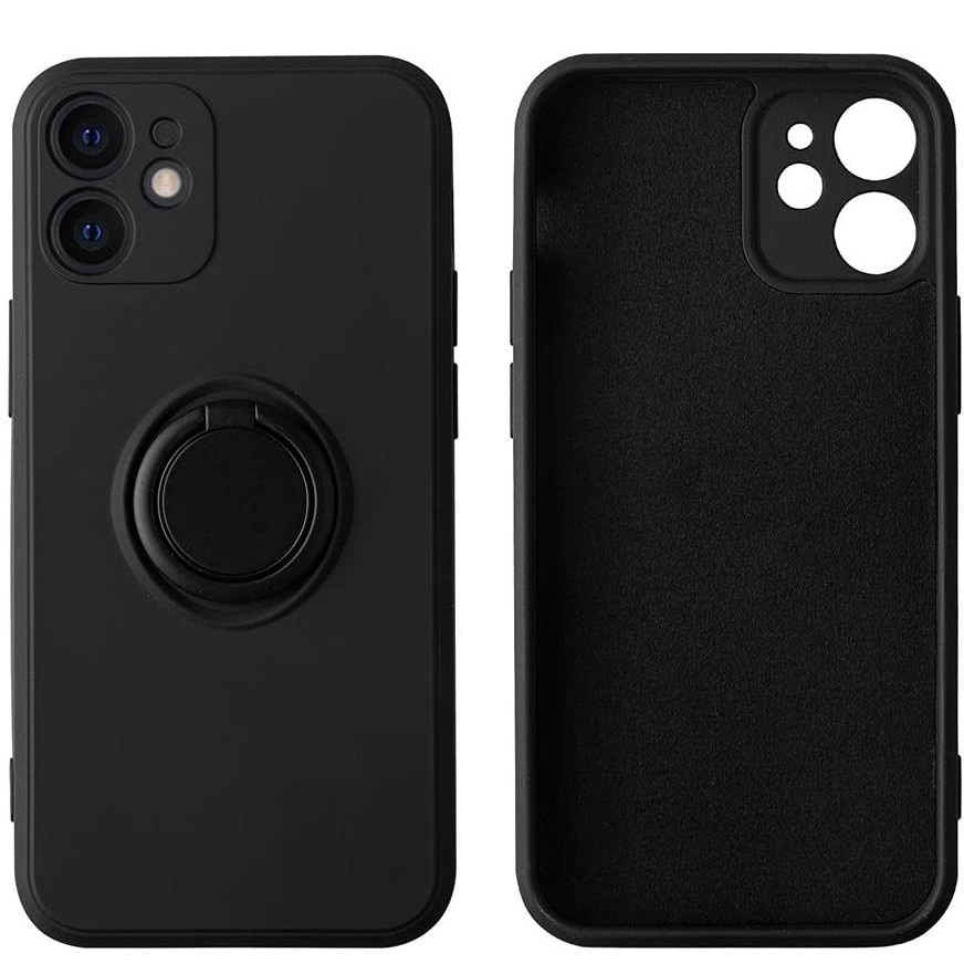 Husa protectie Flippy compatibila cu Apple iPhone 12 Mini Liquid Silicone Ring cu suport rotativ Negru