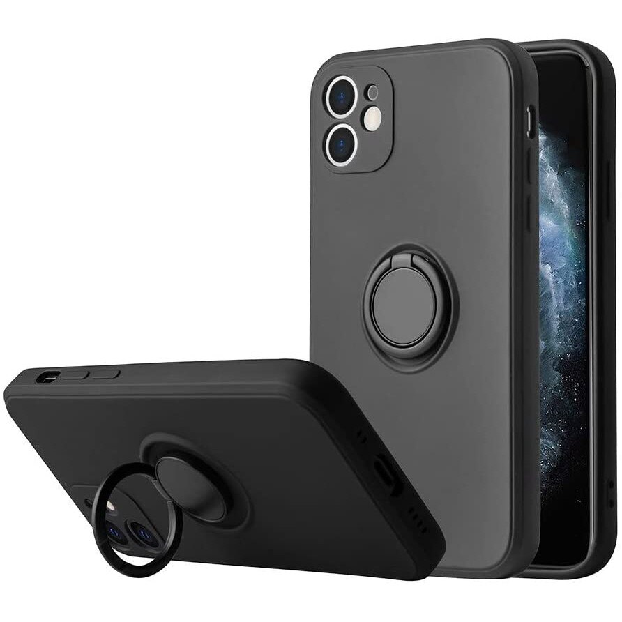 Husa protectie Flippy compatibila cu Apple iPhone 12 Mini Liquid Silicone Ring cu suport rotativ Negru