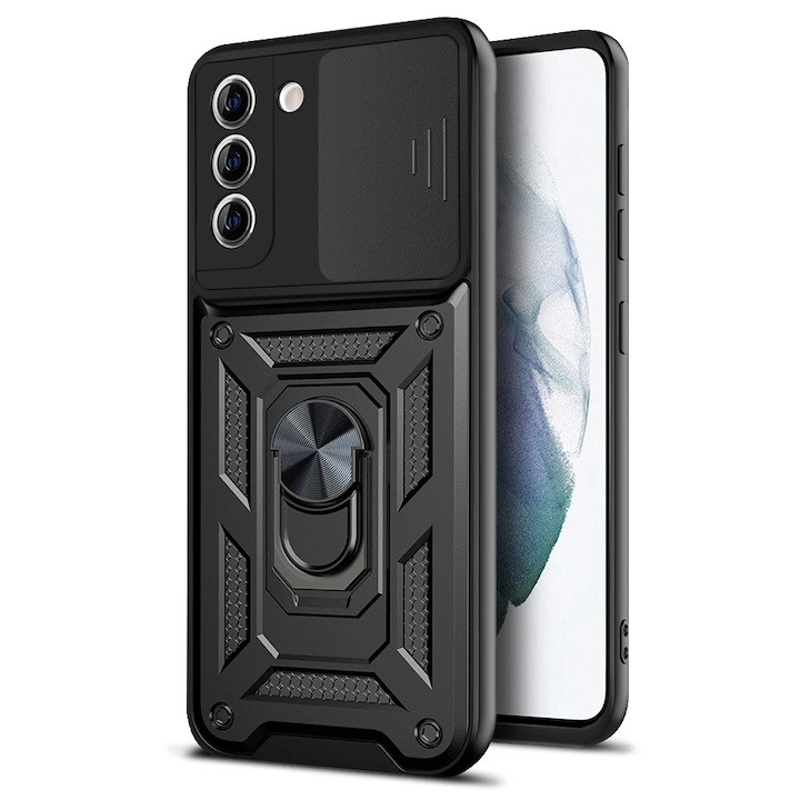 Husa pentru Samsung S21 Plus 5G cu inel rotativ 360 Daden, Camshield series, Hybrid Antisoc, Slider pentru protectia camerei, Negru