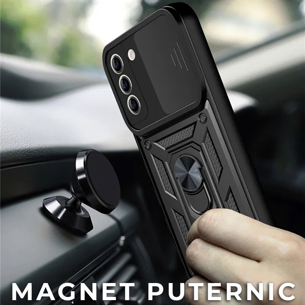 Husa pentru Samsung S21 Plus 5G cu inel rotativ 360 Daden, Camshield series, Hybrid Antisoc, Slider pentru protectia camerei, Negru