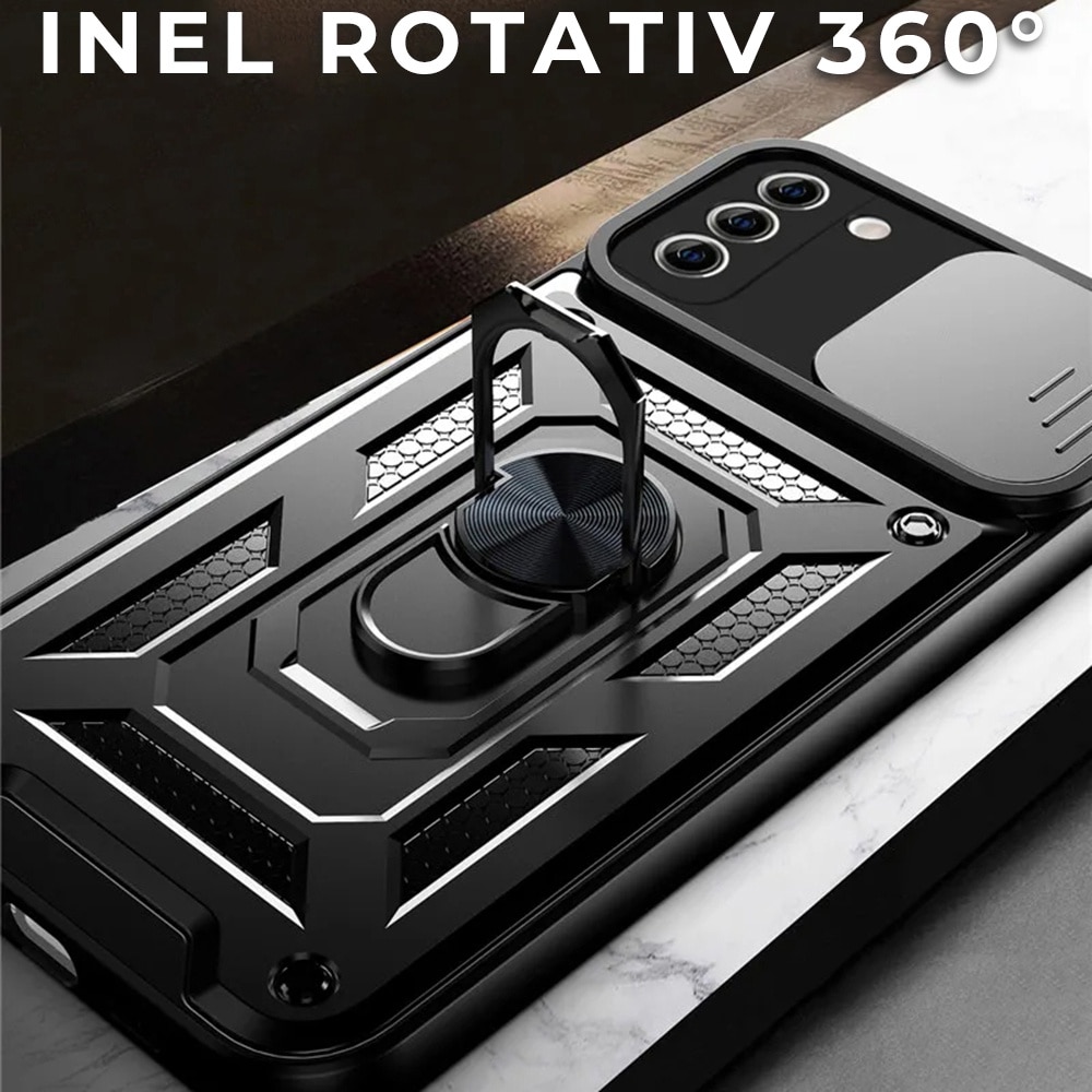 Husa pentru Samsung S21 Plus 5G cu inel rotativ 360 Daden, Camshield series, Hybrid Antisoc, Slider pentru protectia camerei, Negru