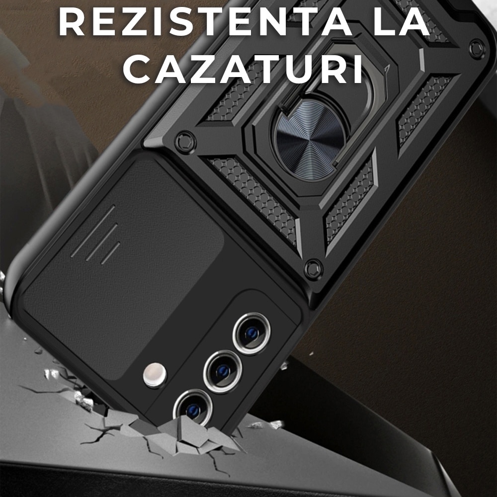 Husa pentru Samsung S21 Plus 5G cu inel rotativ 360 Daden, Camshield series, Hybrid Antisoc, Slider pentru protectia camerei, Negru