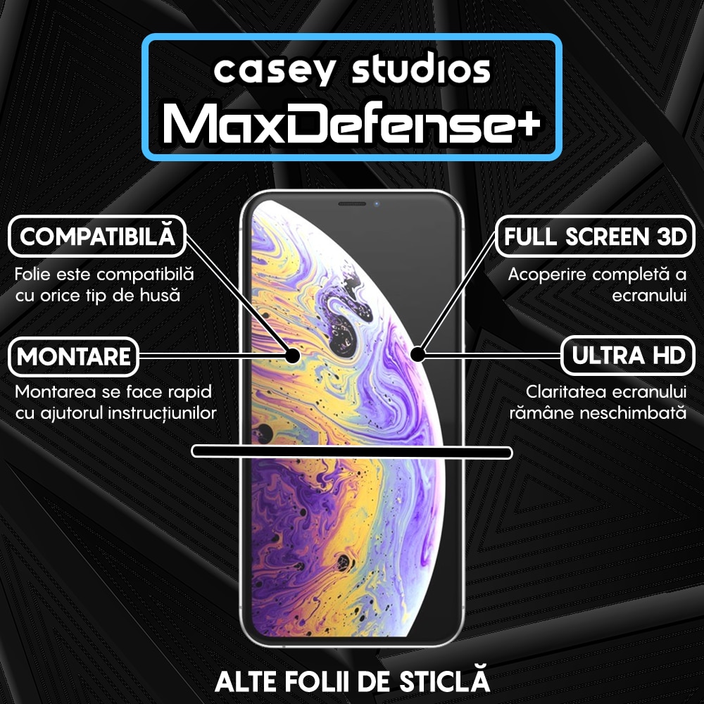 Folie Sticla Privacy CASEY STUDIOS™ compatibila cu iPhone X / XS, MaxDefense+ Privacy, Full Cover 3D, Full Glue, Sticla Securizata, Duritate Militara, Ultra HD, Protectie Profesionala Ecran 3D, Anti Zgarieturi, Anti Socuri, Negru