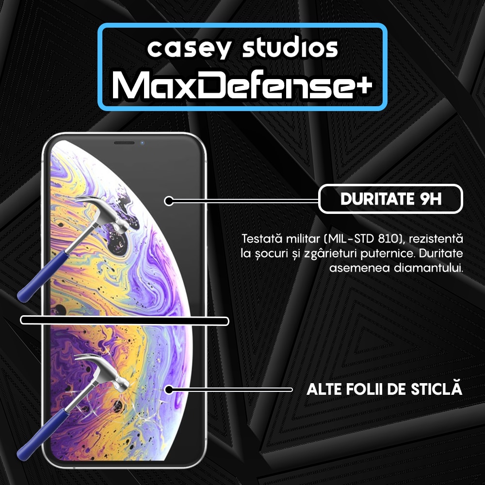 Folie Sticla Privacy CASEY STUDIOS™ compatibila cu iPhone X / XS, MaxDefense+ Privacy, Full Cover 3D, Full Glue, Sticla Securizata, Duritate Militara, Ultra HD, Protectie Profesionala Ecran 3D, Anti Zgarieturi, Anti Socuri, Negru