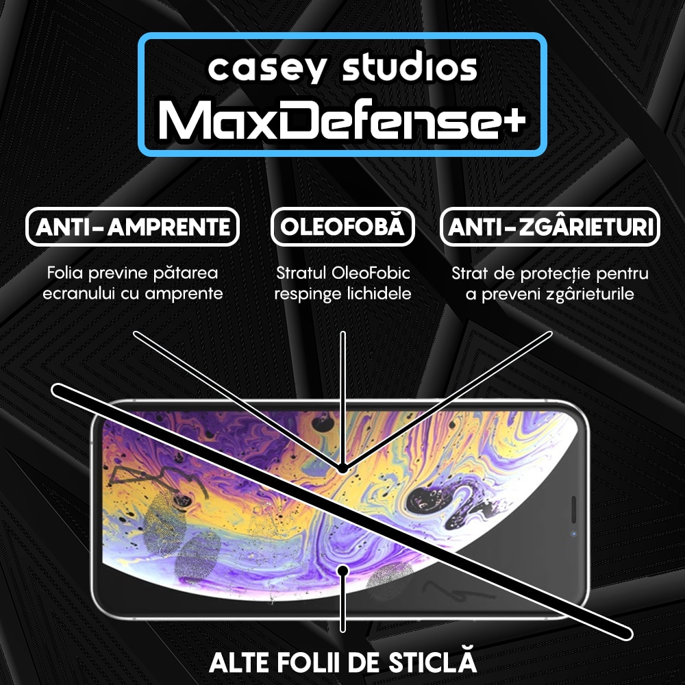 Folie Sticla Privacy CASEY STUDIOS™ compatibila cu iPhone X / XS, MaxDefense+ Privacy, Full Cover 3D, Full Glue, Sticla Securizata, Duritate Militara, Ultra HD, Protectie Profesionala Ecran 3D, Anti Zgarieturi, Anti Socuri, Negru