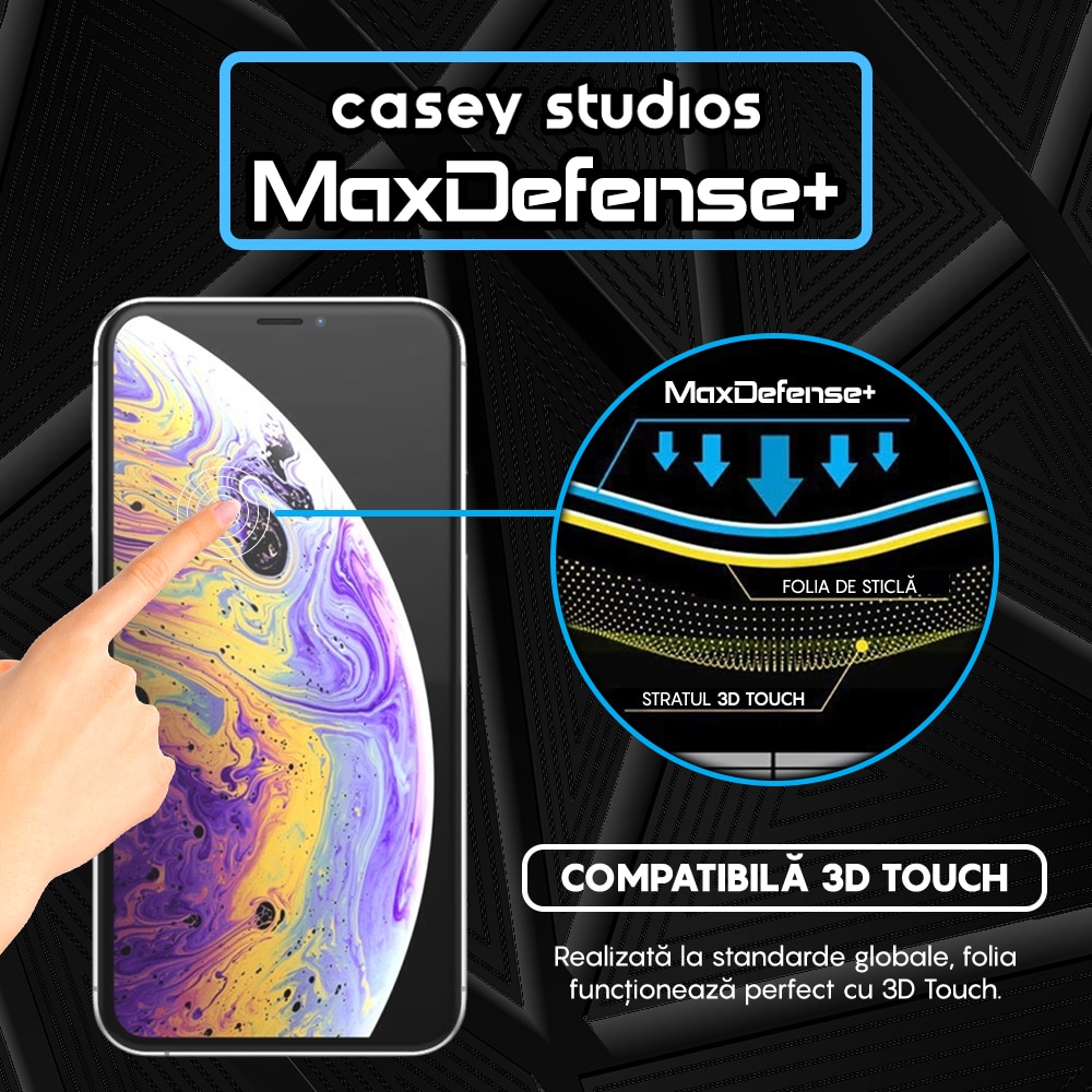 Folie Sticla Privacy CASEY STUDIOS™ compatibila cu iPhone X / XS, MaxDefense+ Privacy, Full Cover 3D, Full Glue, Sticla Securizata, Duritate Militara, Ultra HD, Protectie Profesionala Ecran 3D, Anti Zgarieturi, Anti Socuri, Negru