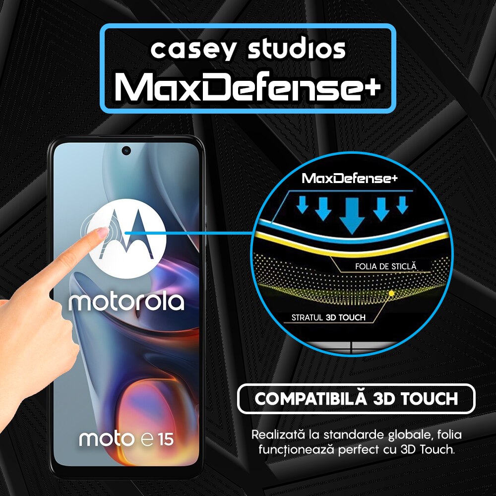 Folie Sticla CASEY STUDIOS compatibila cu Motorola Moto E15, Full Glue, Sticla Securizata, Duritate Militara, Ultra HD, Protectie Profesionala Ecran 3D, Anti Zgarieturi, Anti Socuri
