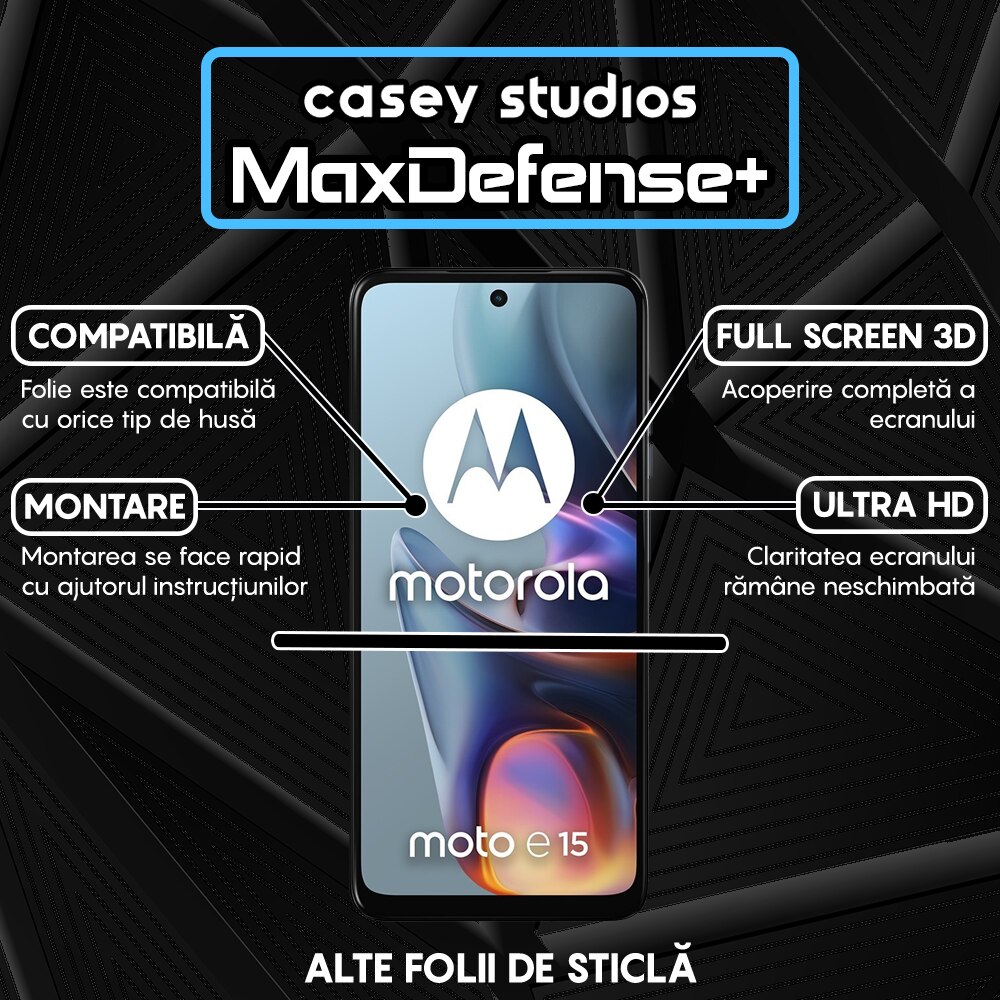 Folie Sticla CASEY STUDIOS compatibila cu Motorola Moto E15, Full Glue, Sticla Securizata, Duritate Militara, Ultra HD, Protectie Profesionala Ecran 3D, Anti Zgarieturi, Anti Socuri