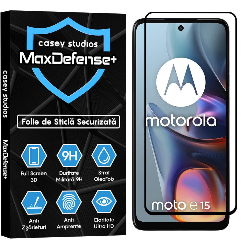 Folie Sticla CASEY STUDIOS compatibila cu Motorola Moto E15, Full Glue, Sticla Securizata, Duritate Militara, Ultra HD, Protectie Profesionala Ecran 3D, Anti Zgarieturi, Anti Socuri