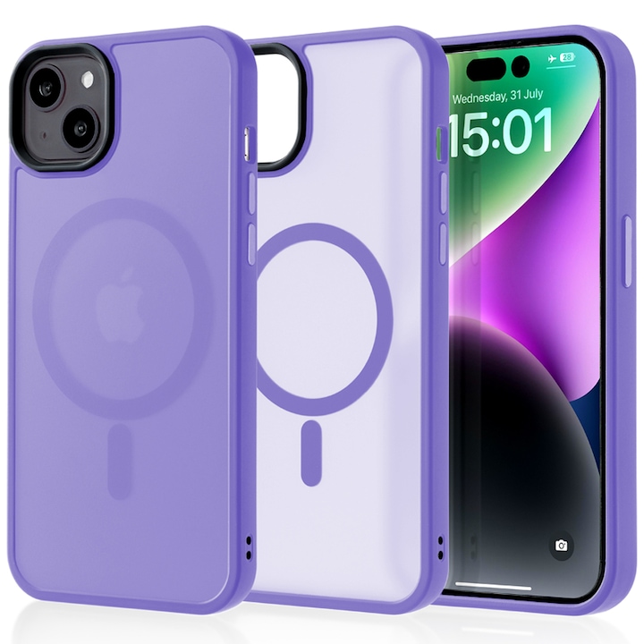 Husa compatibila cu Incarcare Magsafe pentru Apple iPhone 14 Plus, CASEY STUDIOS™, de Protectie, Slim, pentru Incarcare Wireless, Margini Ridicate pentru Protectia Ecranului si a Camerelor, Mov Deschis