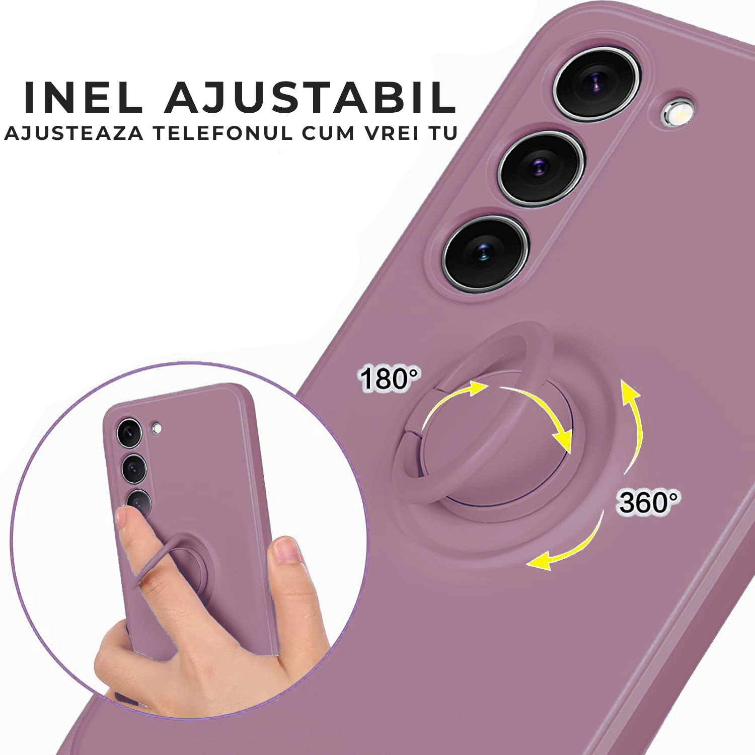 Husa pentru Samsung A25 5G DaDen cu inel rotativ 360, Silicon Premium, Camera Protection, Antisoc, Mov inchis
