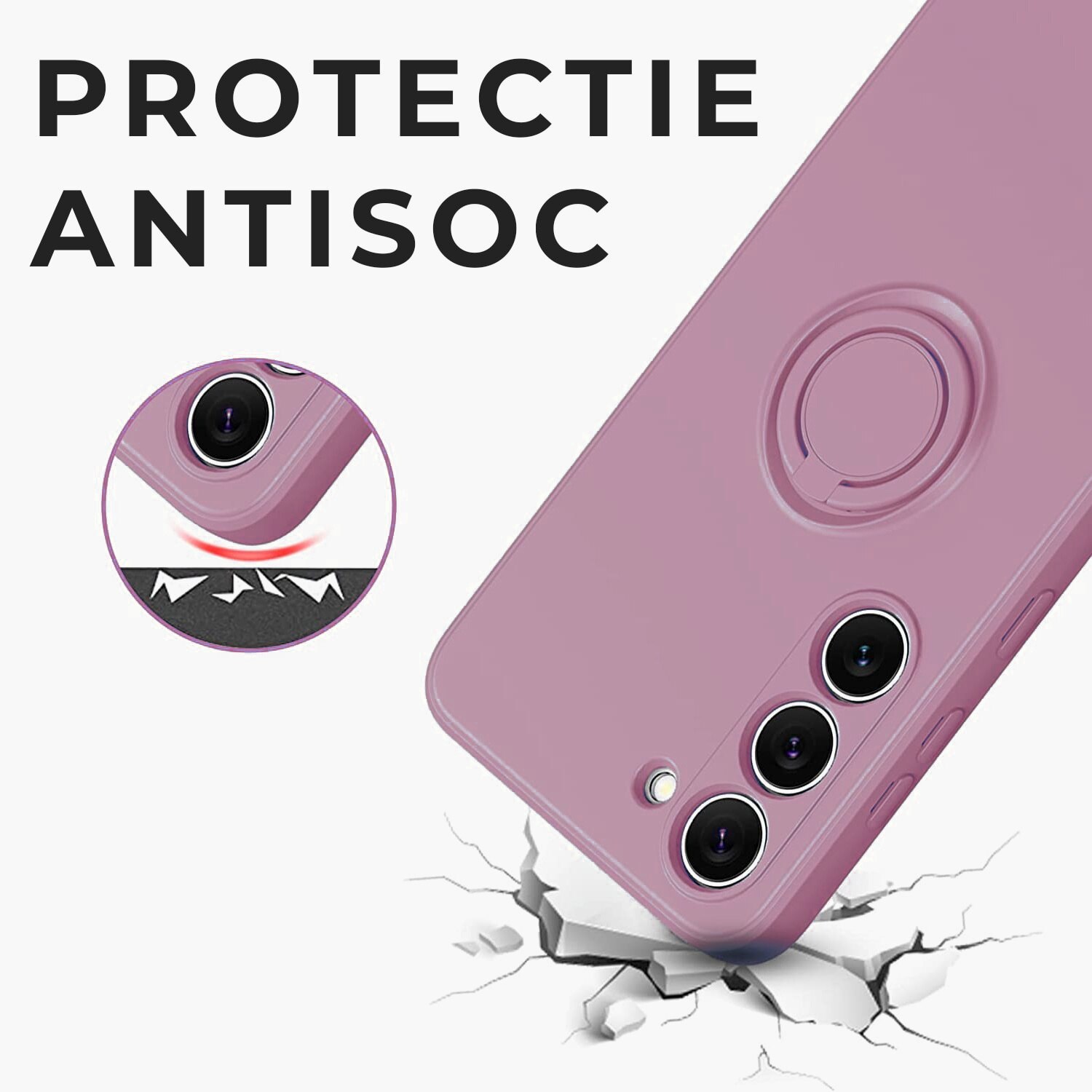 Husa pentru Samsung A25 5G DaDen cu inel rotativ 360, Silicon Premium, Camera Protection, Antisoc, Mov inchis