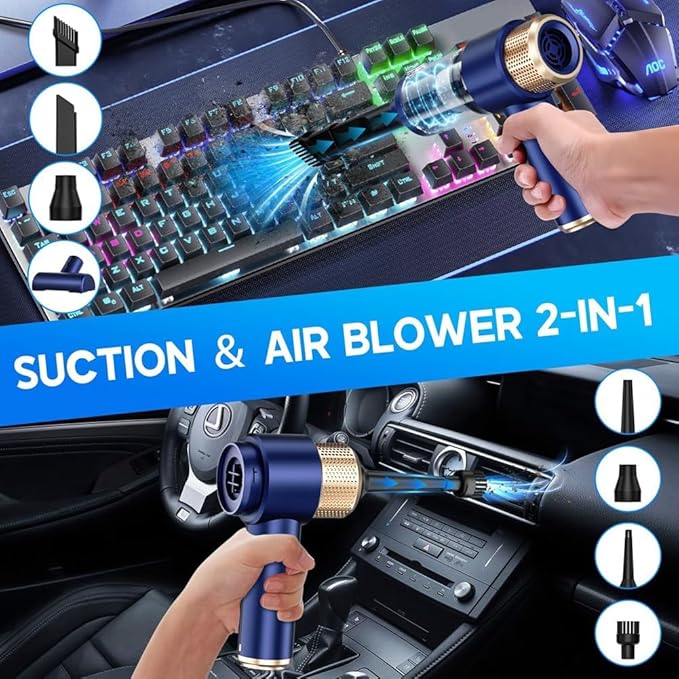 Aspirator portabil, 6000Pa, plasa metalica din otel, albastru-auriu, cu accesorii, pentru casa si masina