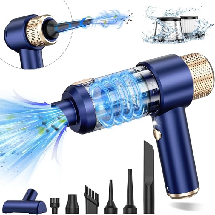 Aspirator portabil, 6000Pa, plasa metalica din otel, albastru-auriu, cu accesorii, pentru casa si masina