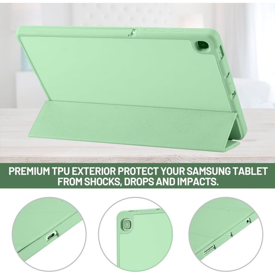 Husa tableta pentru Samsung Galaxy Tab S6 Lite (2020/2022/2024), suport Pencil, functie Sleep/Wake, Flex Trifold, set cu sticker, Verde deschis