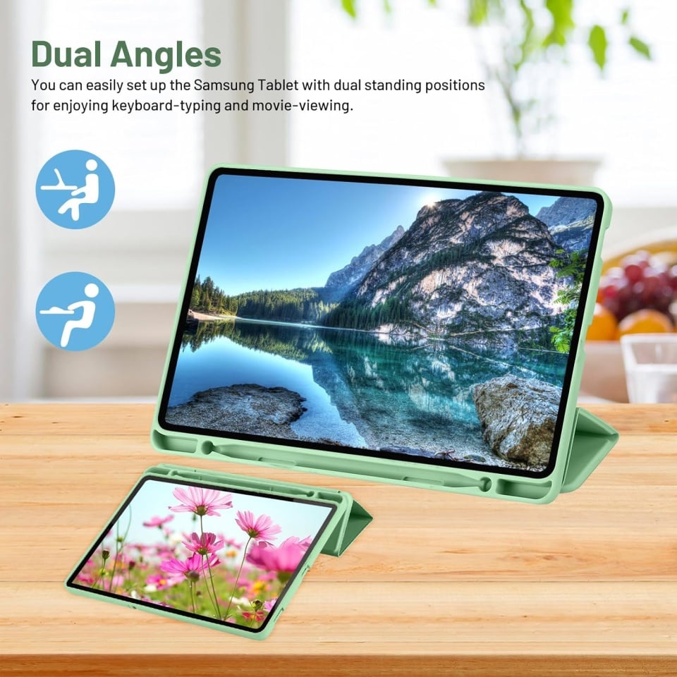 Husa tableta pentru Samsung Galaxy Tab S6 Lite (2020/2022/2024), suport Pencil, functie Sleep/Wake, Flex Trifold, set cu sticker, Verde deschis