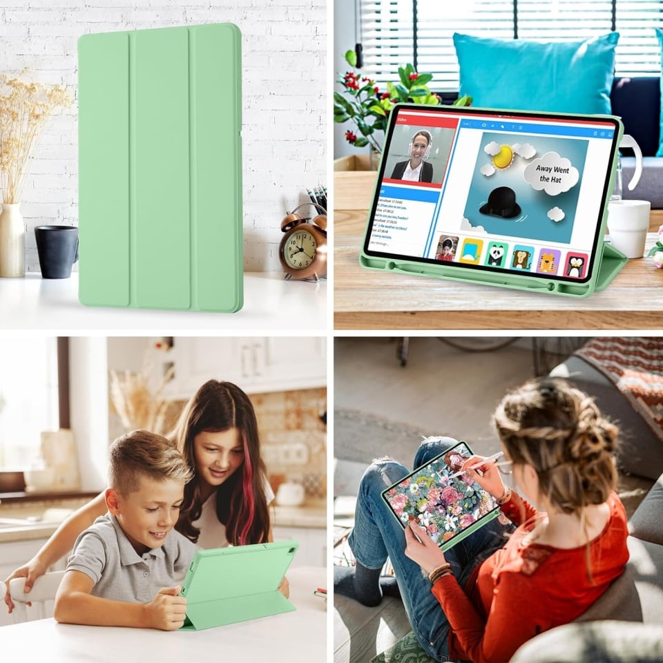 Husa tableta pentru Samsung Galaxy Tab S6 Lite (2020/2022/2024), suport Pencil, functie Sleep/Wake, Flex Trifold, set cu sticker, Verde deschis