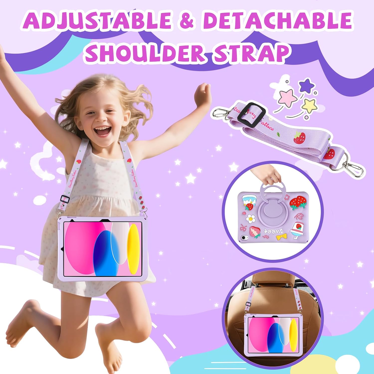 Husa de protectie pentru iPad Gen 11 (A16) de 11inch si iPad Gen 10 10, 9 inch, cu stand tip inel pliabil si rotativ, curea de umar detasabila, rezistenta la socuri, mov