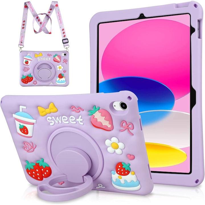 Husa de protectie pentru iPad Gen 11 (A16) de 11inch si iPad Gen 10 10, 9 inch, cu stand tip inel pliabil si rotativ, curea de umar detasabila, rezistenta la socuri, mov