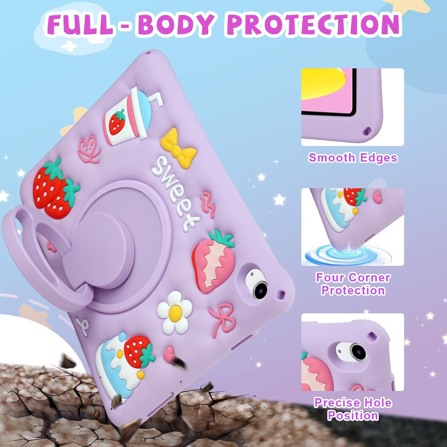 Husa de protectie pentru iPad Gen 11 (A16) de 11inch si iPad Gen 10 10, 9 inch, cu stand tip inel pliabil si rotativ, curea de umar detasabila, rezistenta la socuri, mov
