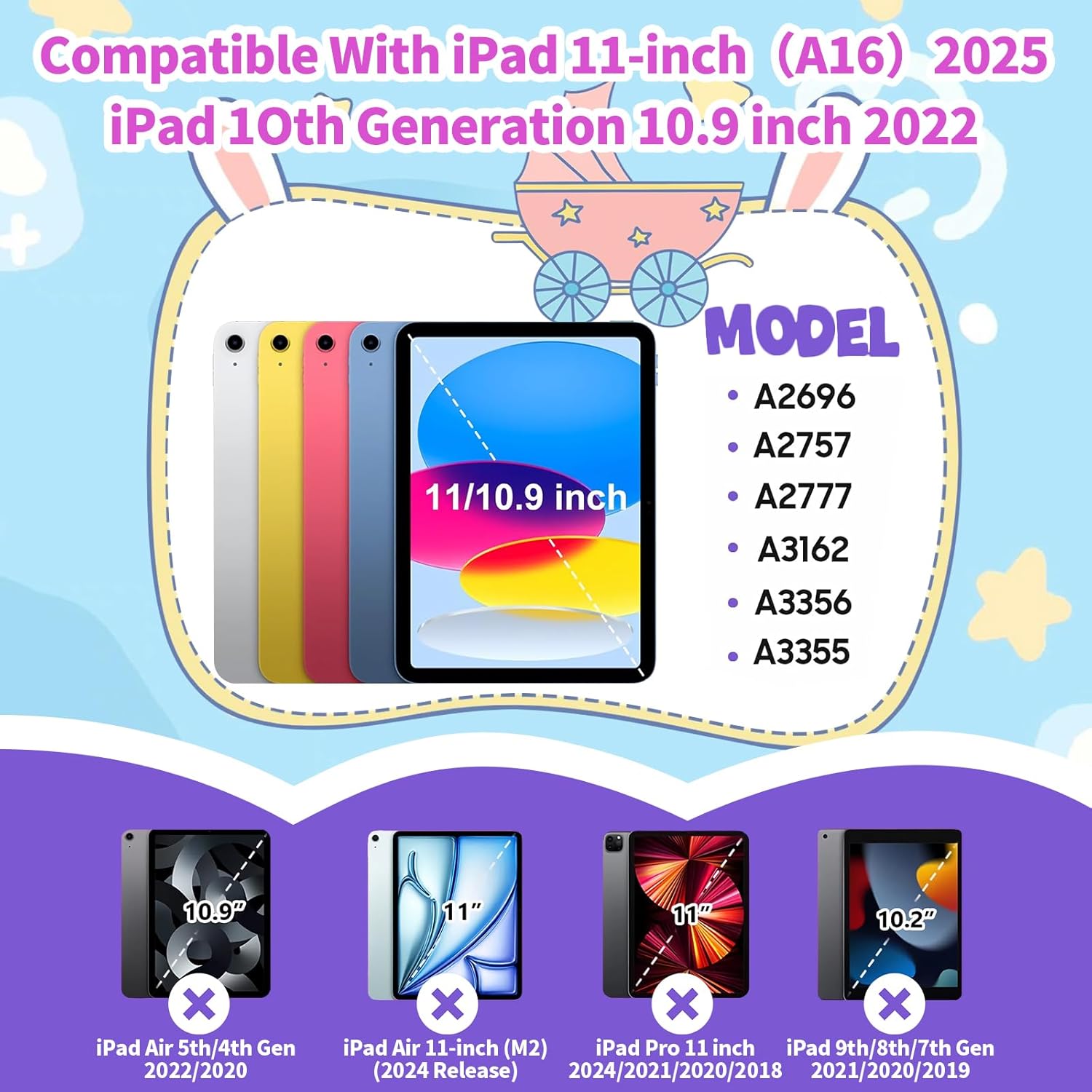 Husa de protectie pentru iPad Gen 11 (A16) de 11inch si iPad Gen 10 10, 9 inch, cu stand tip inel pliabil si rotativ, curea de umar detasabila, rezistenta la socuri, mov