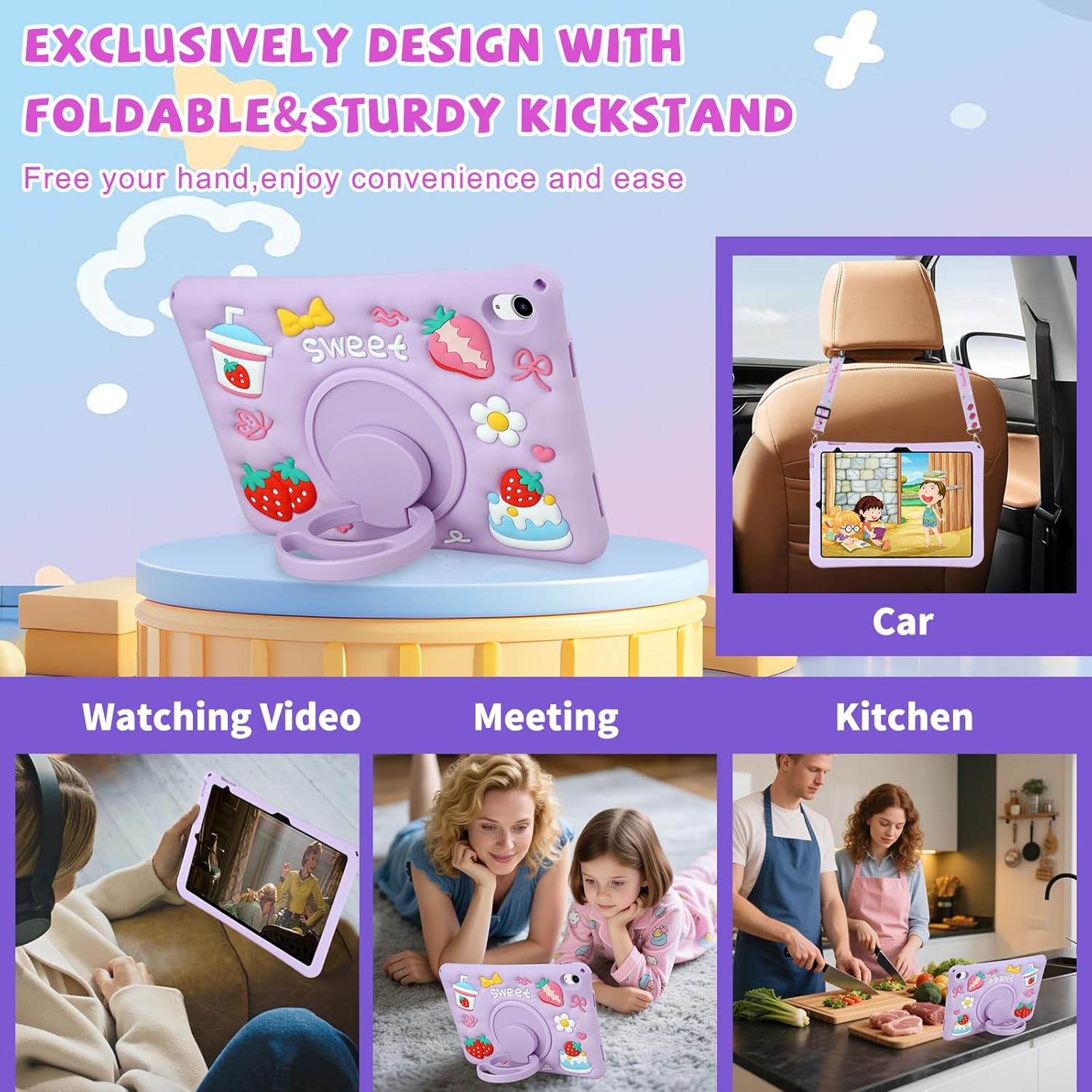 Husa de protectie pentru iPad Gen 11 (A16) de 11inch si iPad Gen 10 10, 9 inch, cu stand tip inel pliabil si rotativ, curea de umar detasabila, rezistenta la socuri, mov