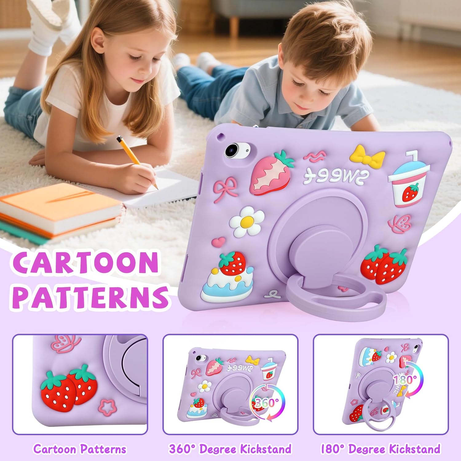 Husa de protectie pentru iPad Gen 11 (A16) de 11inch si iPad Gen 10 10, 9 inch, cu stand tip inel pliabil si rotativ, curea de umar detasabila, rezistenta la socuri, mov