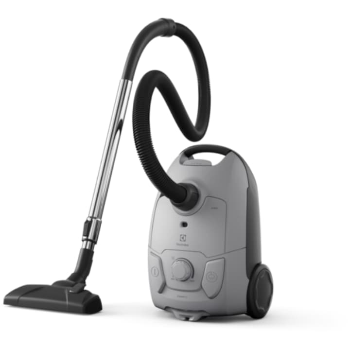 Aspirator cu sac Electrolux, aspirare uscata, indicator umplere sac, tub inox, telescopic, filtru Hepa lavabil, 3 litri, Soft start, sistem de rulare a cablului, 750 W, gri