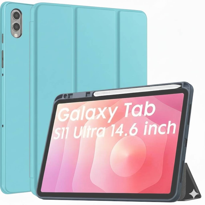 Husa pentru Samsung Galaxy Tab S11 Ultra Soft Shell Light & Slim cu functie wake-up/sleep si compartiment pentru stylus, tip stand - bleu