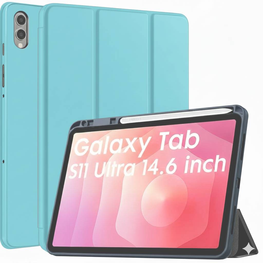 Husa pentru Samsung Galaxy Tab S11 Ultra Soft Shell Light & Slim cu functie wake-up/sleep si compartiment pentru stylus, tip stand - bleu