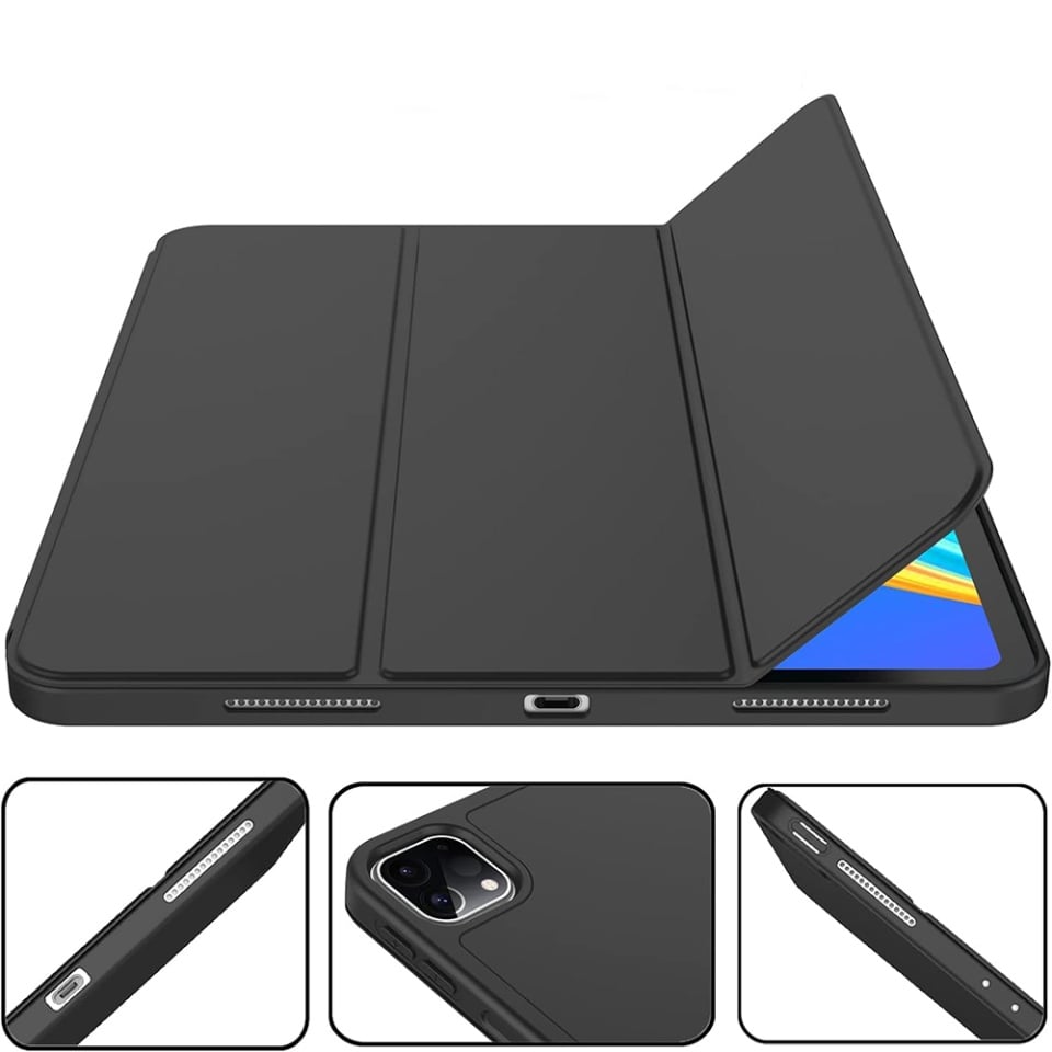 Husa tableta pentru iPad Pro 12.9 (2018/2020/2021/2022), suport Pencil, functie Sleep/Wake, Flex Trifold, set cu sticker, Negru