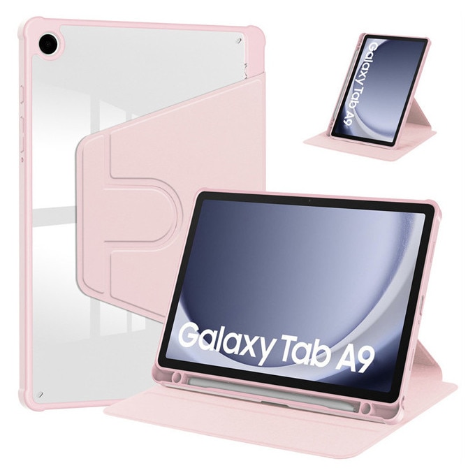 Husa tableta, pentru Samsung Galaxy Tab A9, Casa de protectie pentru tablete cu slot pentru stilou, acrilic 360 ° design rotativ, trezire automata / somn, Roz transparent