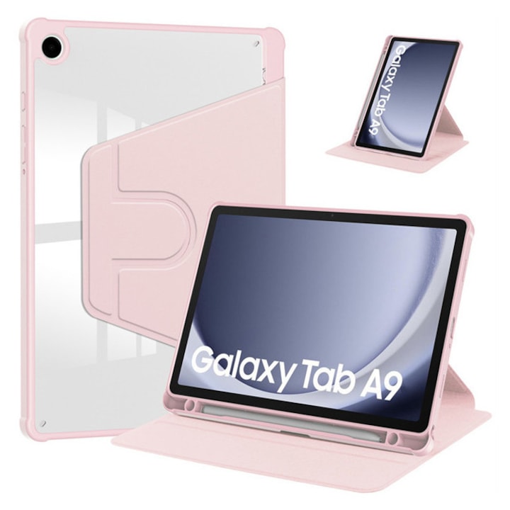 Husa tableta, pentru Samsung Galaxy Tab A9, Casa de protectie pentru tablete cu slot pentru stilou, acrilic 360 ° design rotativ, trezire automata / somn, Roz transparent