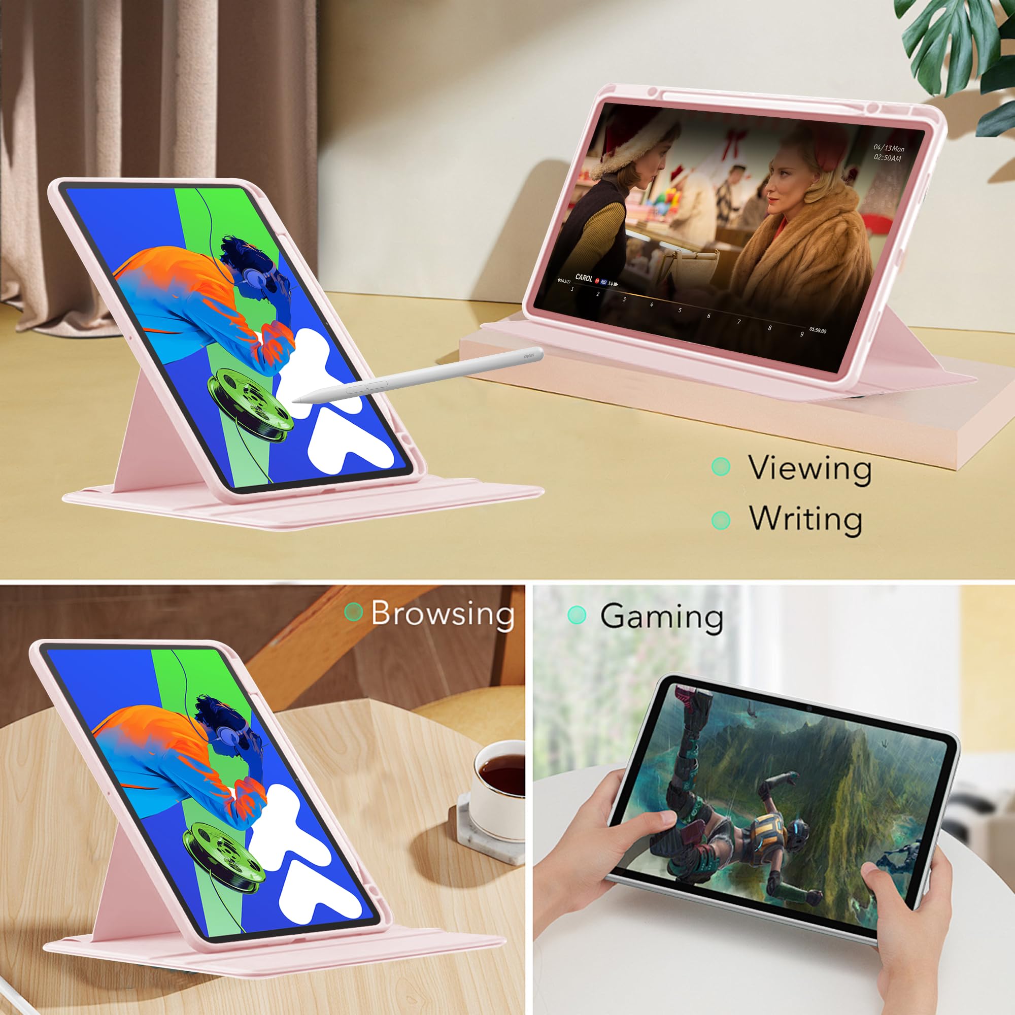 Husa tableta, pentru Samsung Galaxy Tab A9, Casa de protectie pentru tablete cu slot pentru stilou, acrilic 360 ° design rotativ, trezire automata / somn, Roz transparent