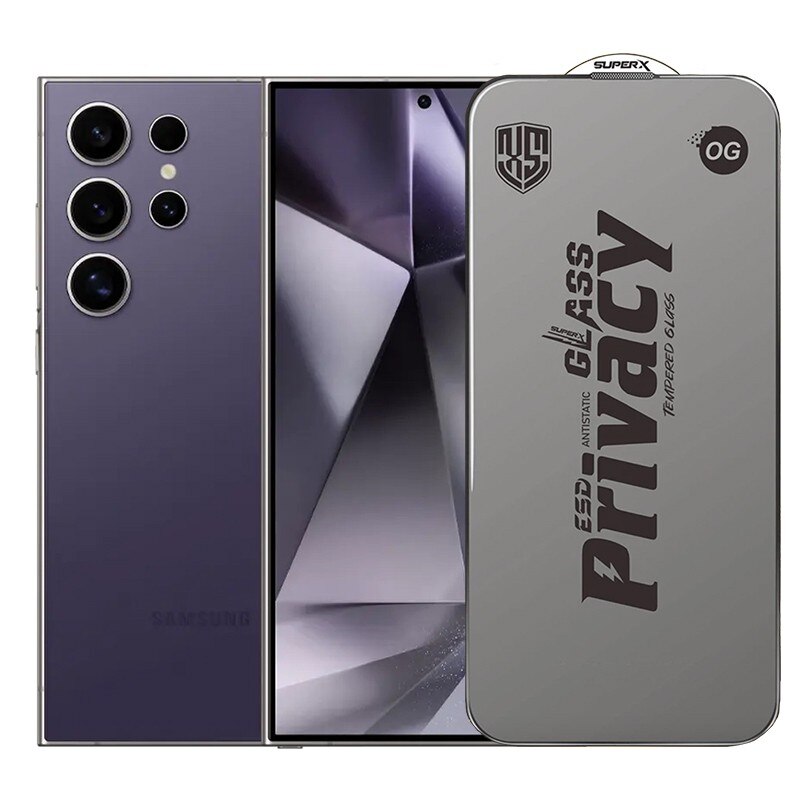 Folie de Protectie pentru Samsung Galaxy S24 Ultra, Flippy, Sticla Securizata ESD Antistatica, Super-X Privacy OG, Margini Negre, 0.30 mm, Transparent Inchis