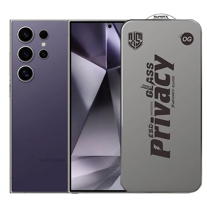 Folie de Protectie pentru Samsung Galaxy S24 Ultra, Flippy, Sticla Securizata ESD Antistatica, Super-X Privacy OG, Margini Negre, 0.30 mm, Transparent Inchis