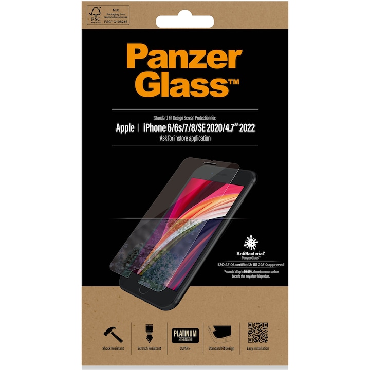 Folie de protectie PanzerGlass din sticla pentru Apple iPhone 6/6s/7/ 8/SE (2020/2022, Transparenta