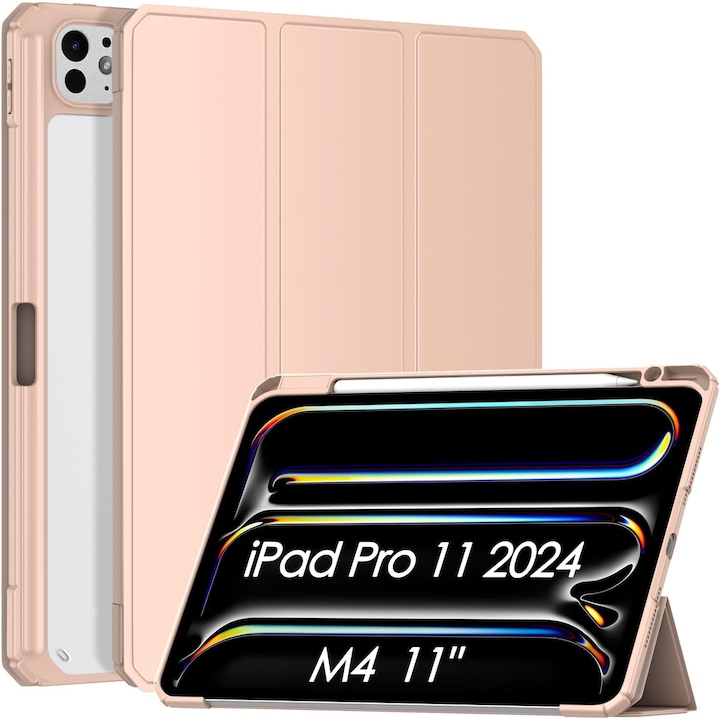 Husa pentru iPad Pro 11'' M4 2024 Patamiyar, Suport pentru Creion, Coperta Smart Slim, Usoara, Piele PU, Functie Sleep/Wake, culoare Roz