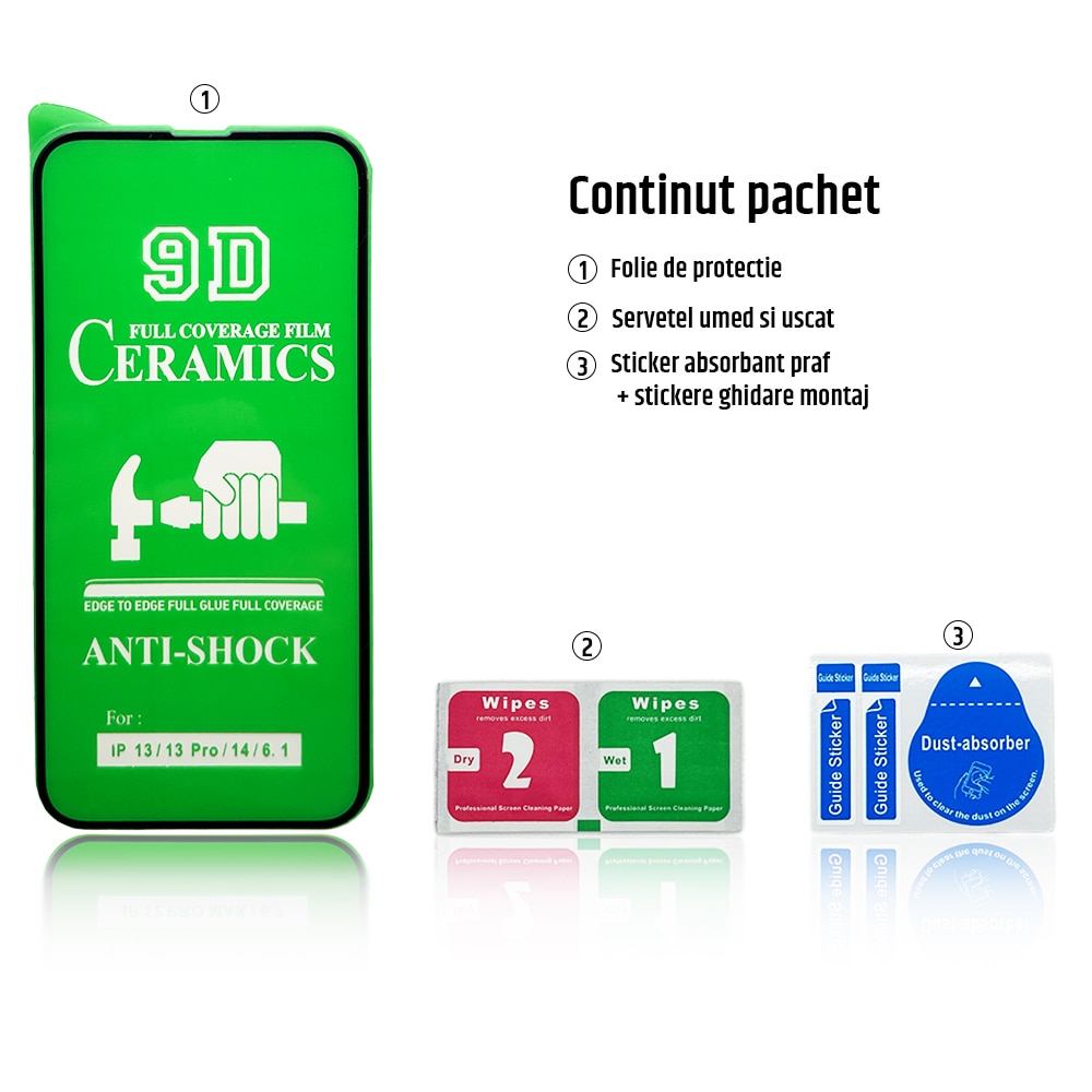 Folie de protectie ceramica, compatibila cu Apple iPhone 13 Pro, Full Cover, Negru/Transparenta
