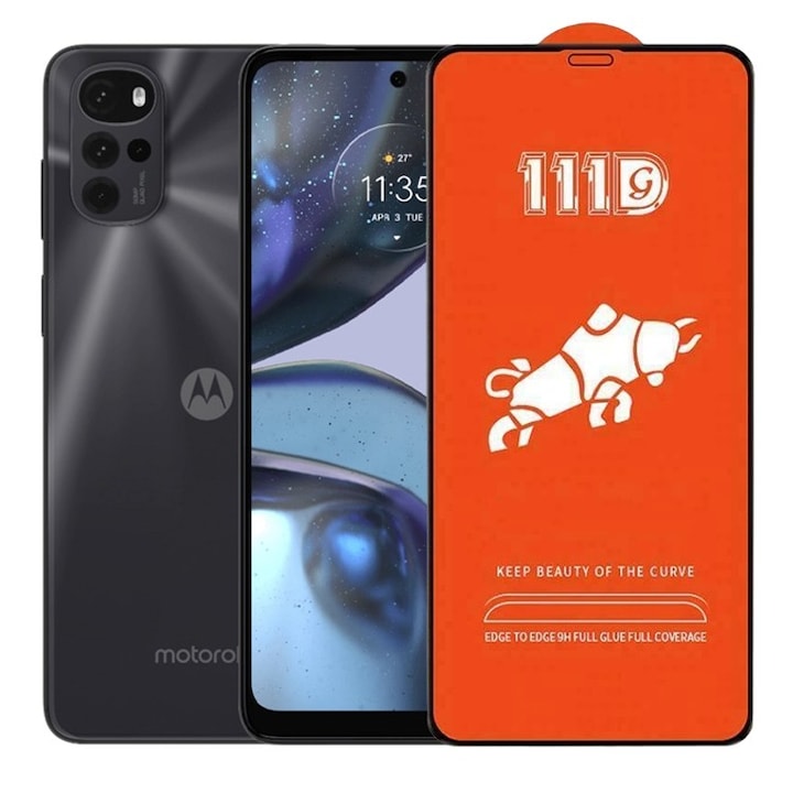 Folie Sticla Securizata pentru Motorola Moto G22, Flippy, Sticla de Protectie Compatibila cu Motorola Moto G22, Full Cover 111D, HD, Margini Negre, Transparenta