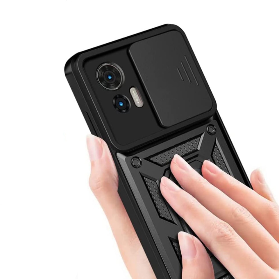 Husa pentru Motorola Edge 50 Fusion, SKYDDAR INNOVATION, CamShield, Inel magnetic, set cu sticker, Negru