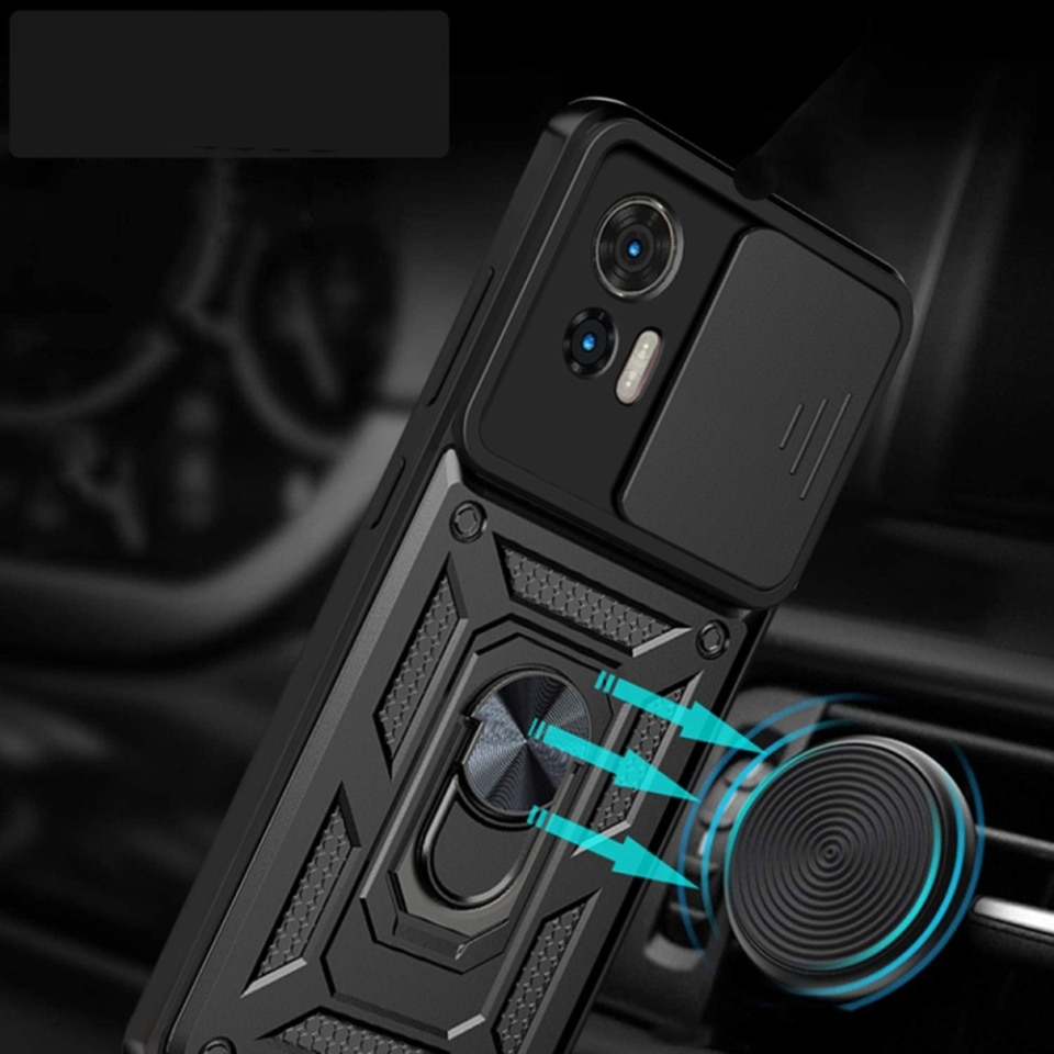 Husa pentru Motorola Edge 50 Fusion, SKYDDAR INNOVATION, CamShield, Inel magnetic, set cu sticker, Negru