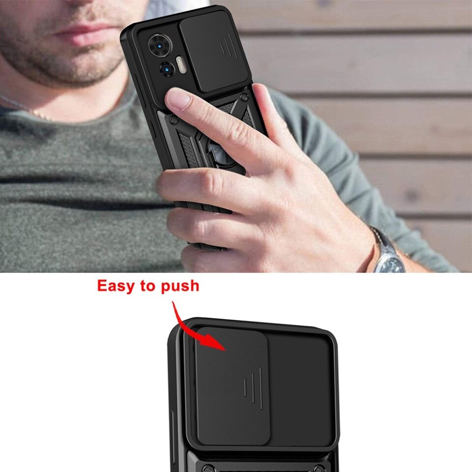 Husa pentru Motorola Edge 50 Fusion, SKYDDAR INNOVATION, CamShield, Inel magnetic, set cu sticker, Negru