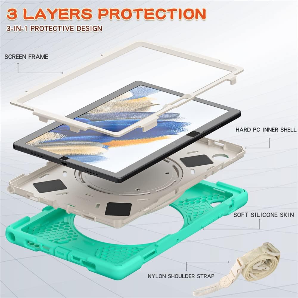 Husa Shockproof Armor pentru Samsung Galaxy Tab A7 Lite(SM-T220/T225), 8.7", Sigloo, Curea Umar, Protectie 360, Verde menta