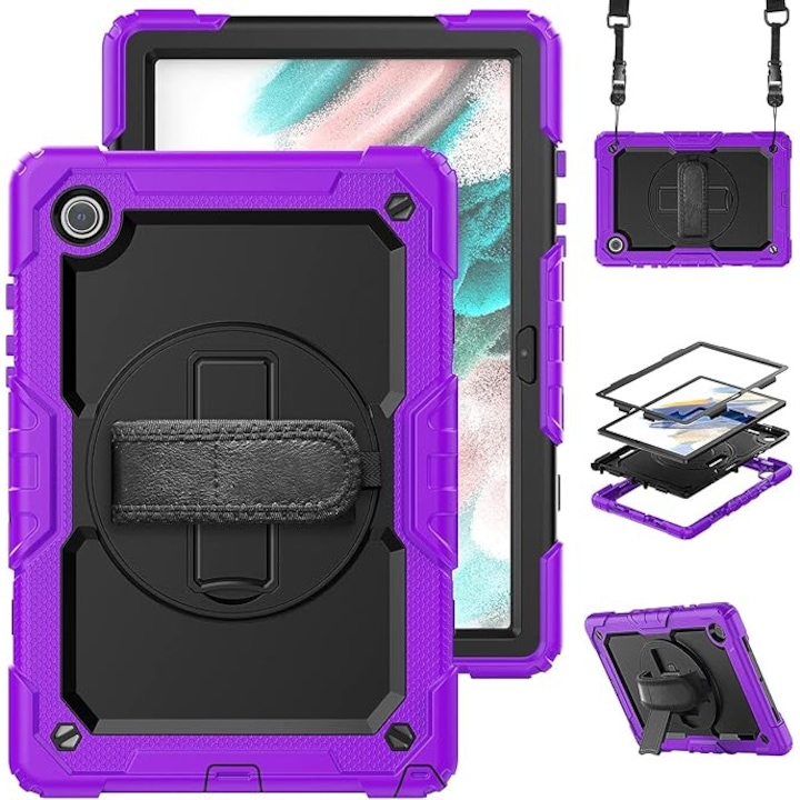 Husă tablete Sigloo Pachet 360 cu folio integrată, suport rotativ, curea umăr, Mov cu Negru, pentru Samsung Galaxy Tab A7 10.4"