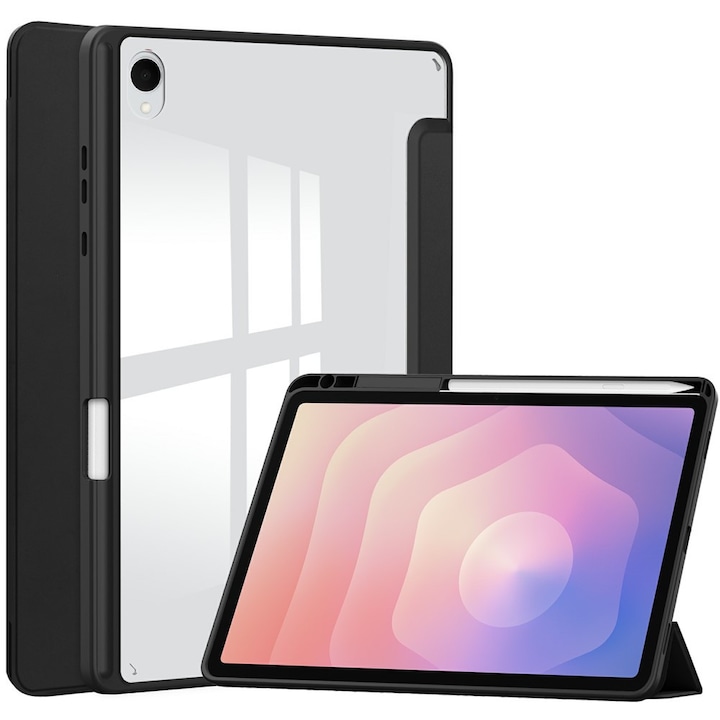 Husa tableta, XGSM, pentru Samsung Galaxy Tab S11, tri-fold, cu suport pentru stylus, neagra
