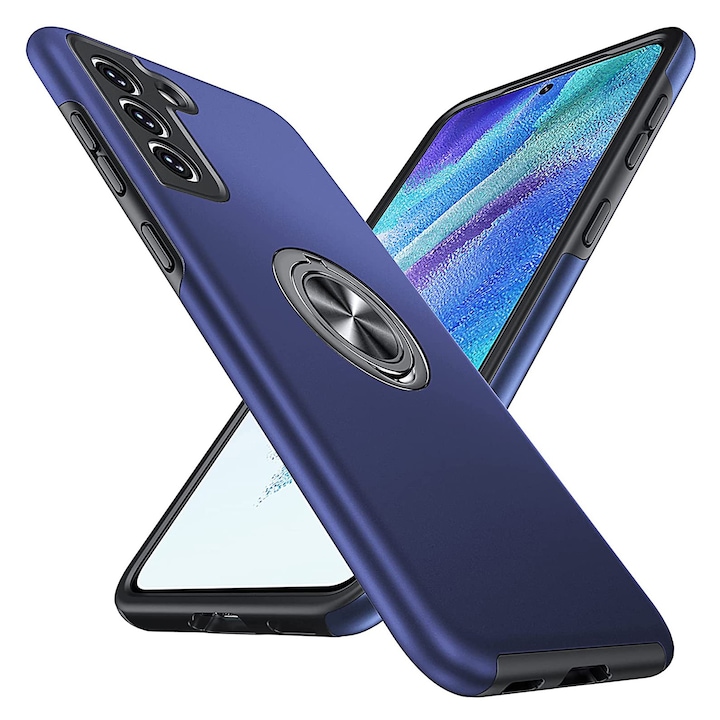 Husa pentru Samsung Galaxy S21 FE, inel rotativ 360° si Kickstand, Protectie Militara Antisoc, cu disipare termica, Blue