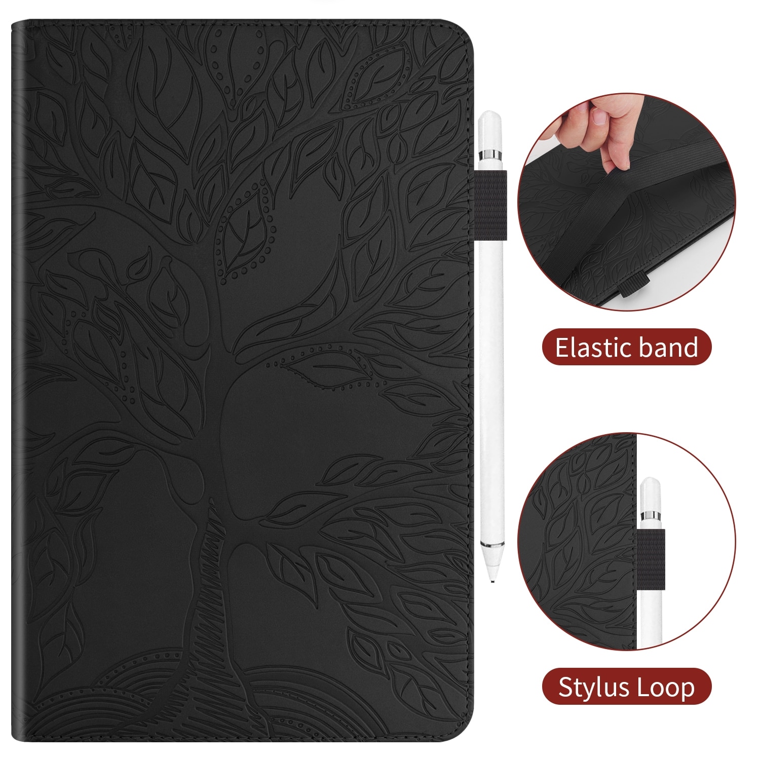 Husa tableta pentru Huawei MediaPad M5 10.8 inch, tip carte cu suport, sloturi card si pix, piele cu design copac viu, negru