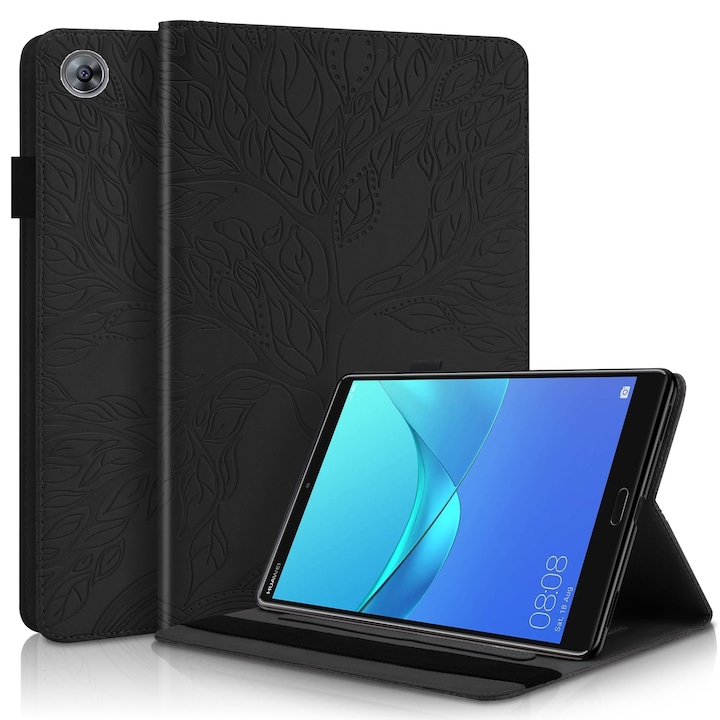 Husa tableta pentru Huawei MediaPad M5 10.8 inch, tip carte cu suport, sloturi card si pix, piele cu design copac viu, negru